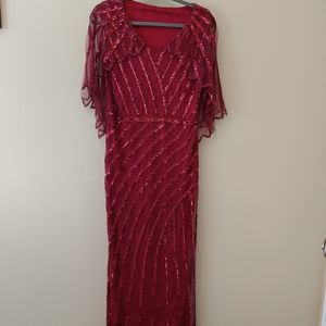 Retro Stage Wine Red Mesh Sequined Cape Maxi Dress, Size XL